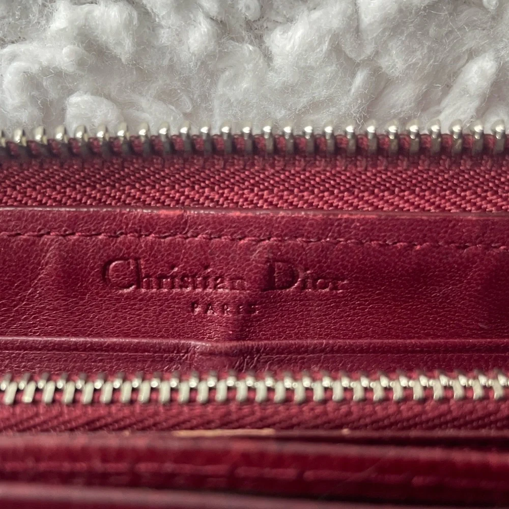 Christian Dior Voyageur Cannage Quilted Lady Dior Leather Zip Long Wallet in Red